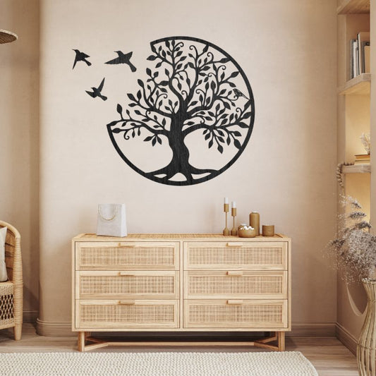 Tree of Life Wooden MDF Wall Art – Round Design with Birds