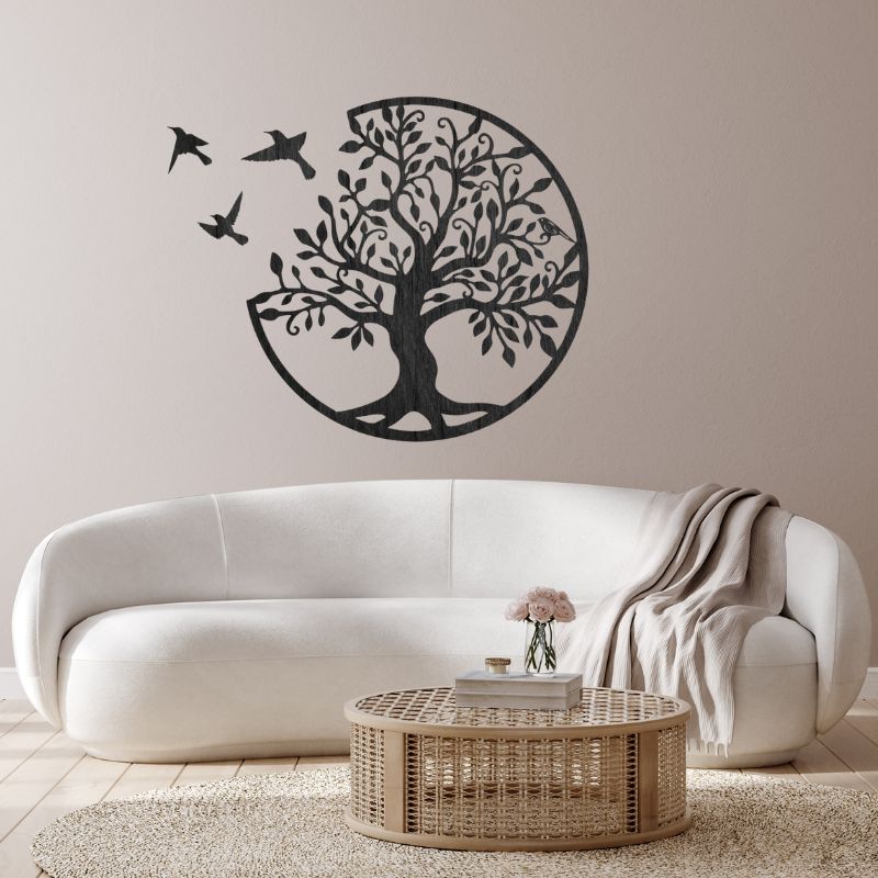 Tree of Life Wooden MDF Wall Art – Round Design with Birds