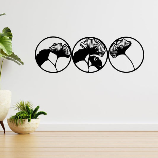 Set of 3 Ginkgo Leaf Circle Wall Art – Minimalist Metal Decor for Modern Interiors
