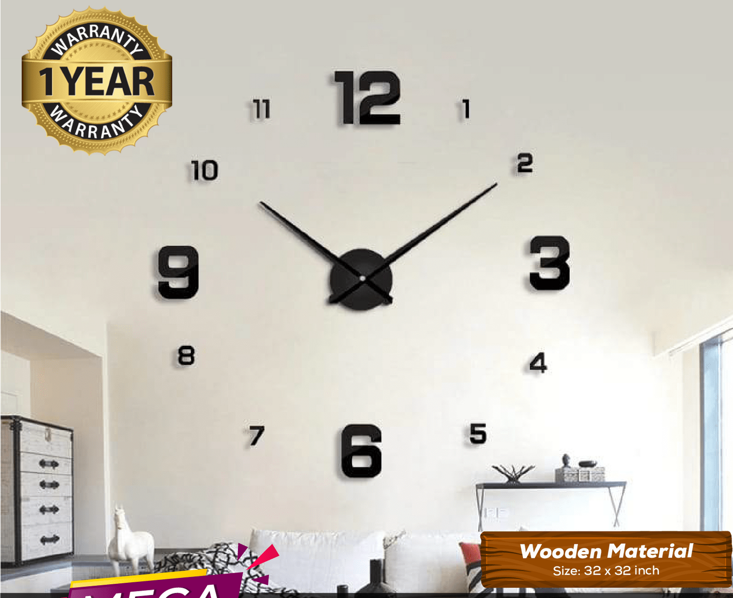 Large Size Wooden DIY Wall Clock with 12-Inch Needles | 3mm Thick Material | Modern Home Decor