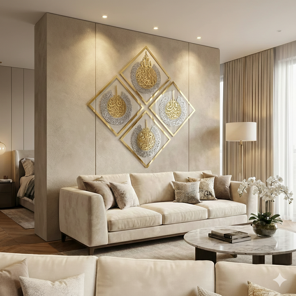 Premium Diamond Shaped Islamic Wall Art – Ayatul Kursi & 3 Quls (4-Panel Set)