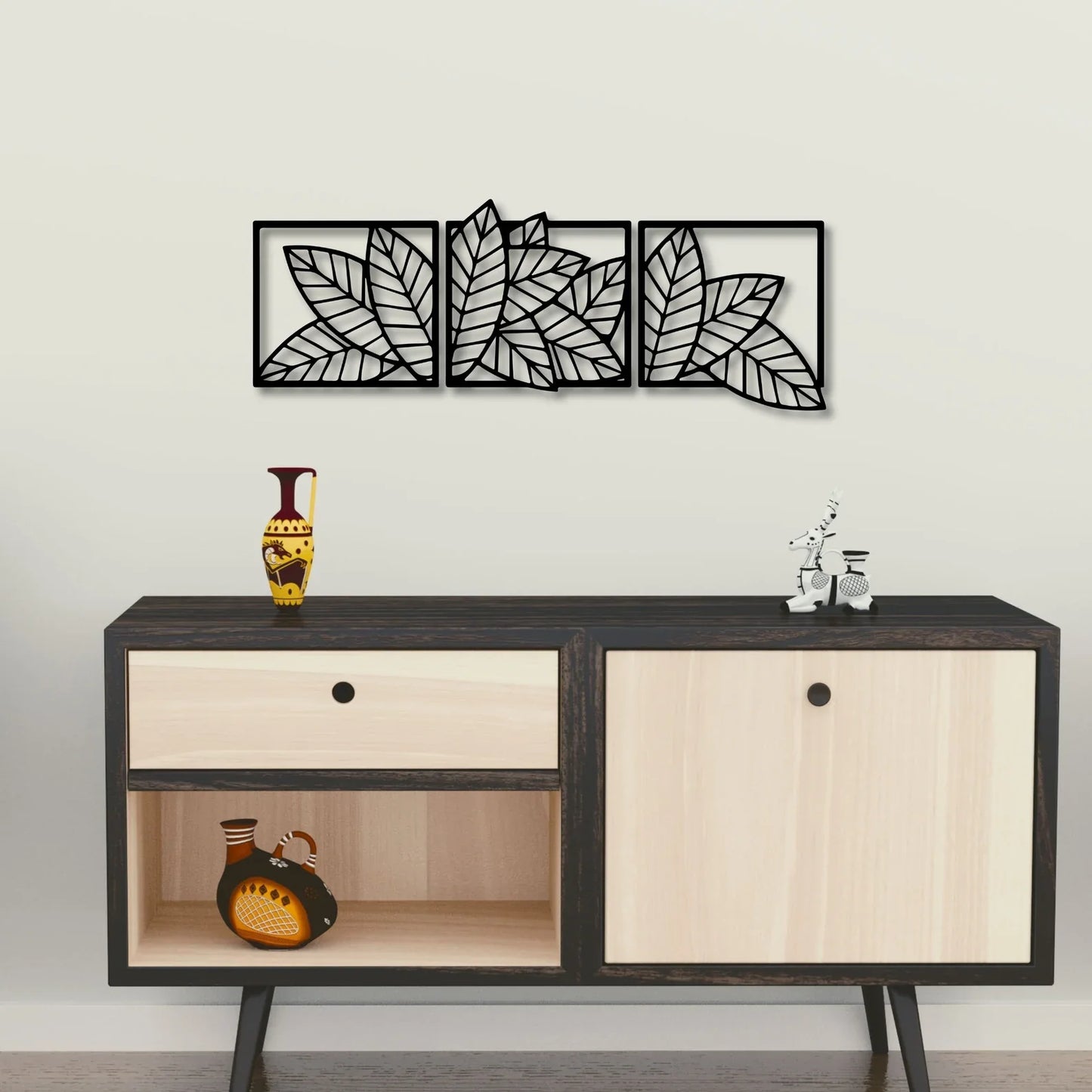 Wooden Set of 3 Palm & Banana Leaf Wall Decor for Home & Office