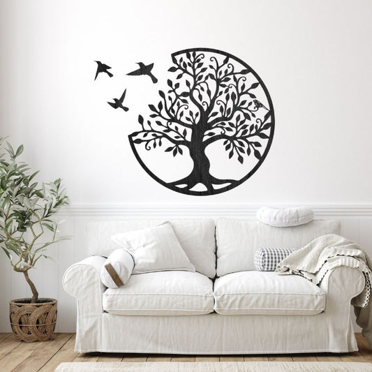 Tree of Life Wooden MDF Wall Art – Round Design with Birds