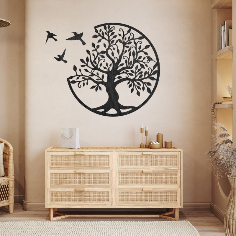 Tree of Life Wooden MDF Wall Art – Round Design with Birds