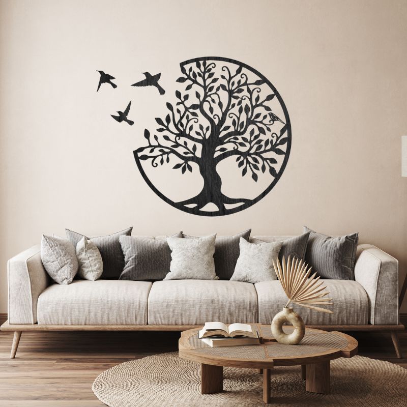 Tree of Life Wooden MDF Wall Art – Round Design with Birds
