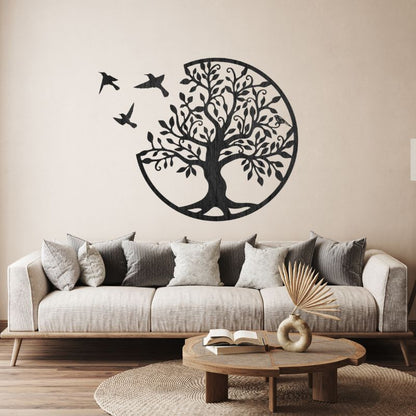 Tree of Life Wooden MDF Wall Art – Round Design with Birds