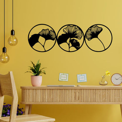 Set of 3 Ginkgo Leaf Circle Wall Art – Minimalist Metal Decor for Modern Interiors