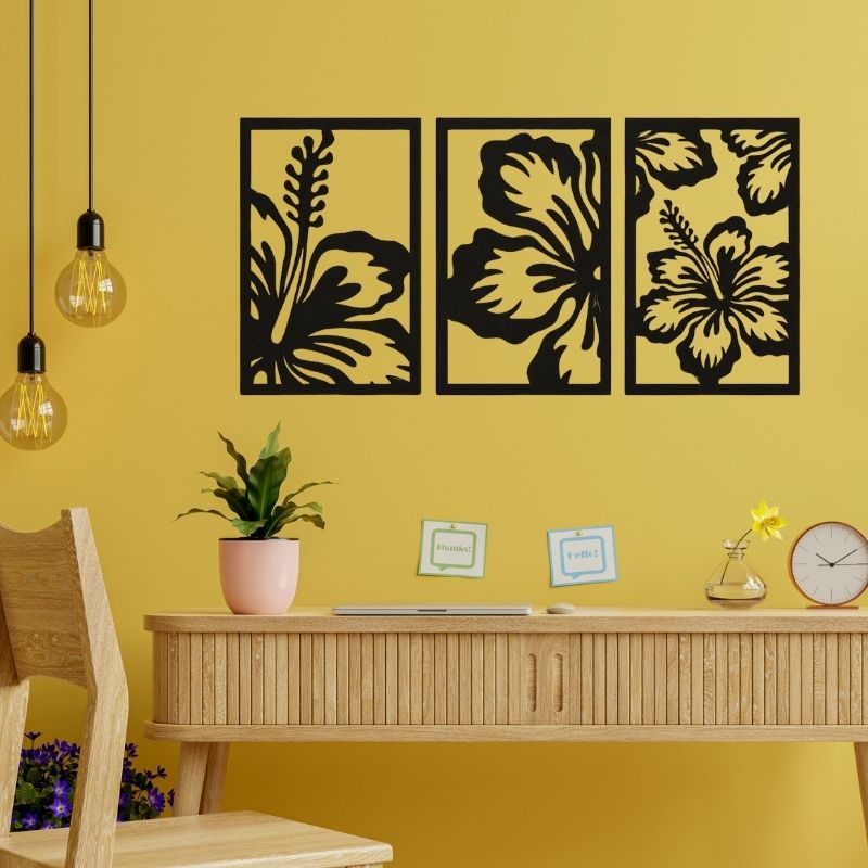 3-Piece Floral Wall Art Set – Modern Black Metal Flower Design Frames