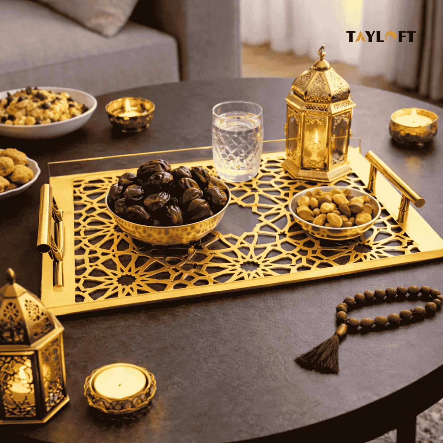 Sultané Royale™ Gold Tray | Premium Metallic Finish with Sculpted Handles