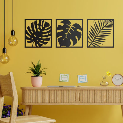 Set of 3 Minimalist Black Leaf Wall Art – Modern Metal Wall Decor for Living Room