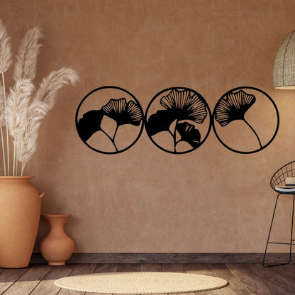 Set of 3 Ginkgo Leaf Circle Wall Art – Minimalist Metal Decor for Modern Interiors
