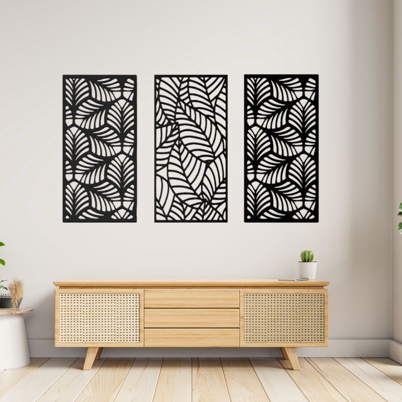 Wooden Leaf Wall Art – Set of 3 Geometric Panels for Modern Decor