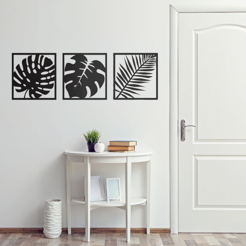 Set of 3 Minimalist Black Leaf Wall Art – Modern Metal Wall Decor for Living Room