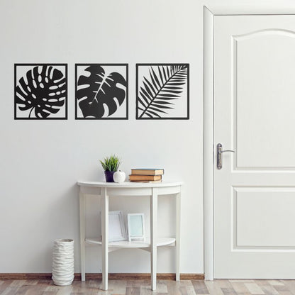 Set of 3 Minimalist Black Leaf Wall Art – Modern Metal Wall Decor for Living Room