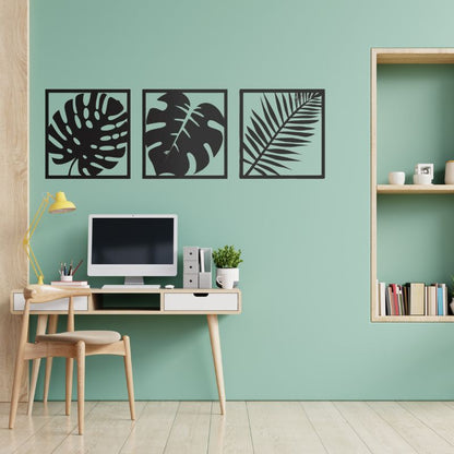 Set of 3 Minimalist Black Leaf Wall Art – Modern Metal Wall Decor for Living Room