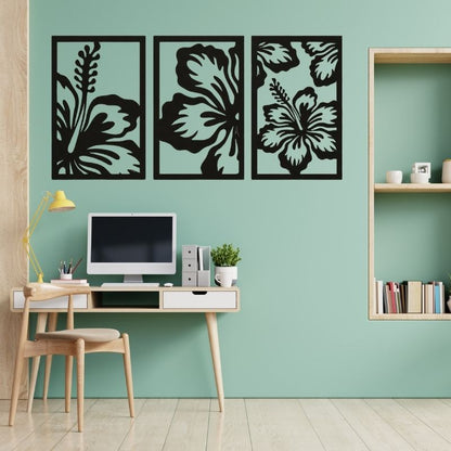 3-Piece Floral Wall Art Set – Modern Black Metal Flower Design Frames