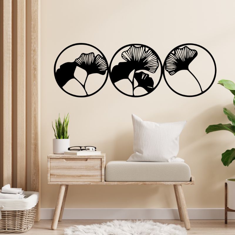 Set of 3 Ginkgo Leaf Circle Wall Art – Minimalist Metal Decor for Modern Interiors