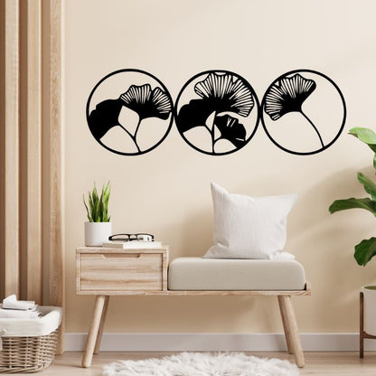 Set of 3 Ginkgo Leaf Circle Wall Art – Minimalist Metal Decor for Modern Interiors