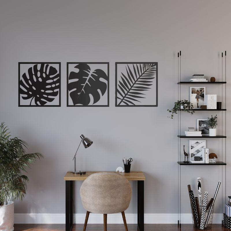 Set of 3 Minimalist Black Leaf Wall Art – Modern Metal Wall Decor for Living Room