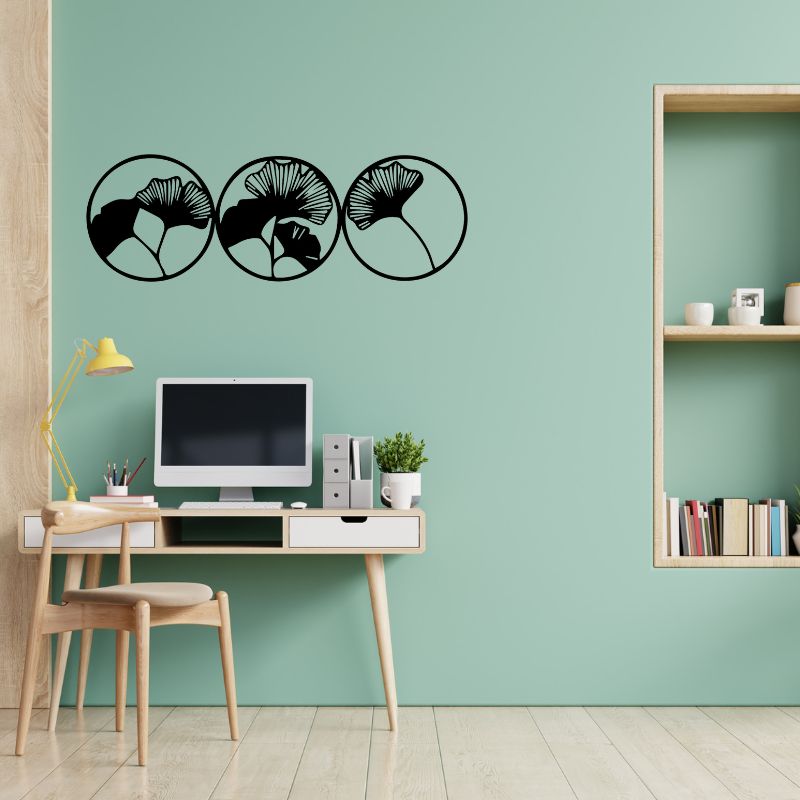 Set of 3 Ginkgo Leaf Circle Wall Art – Minimalist Metal Decor for Modern Interiors