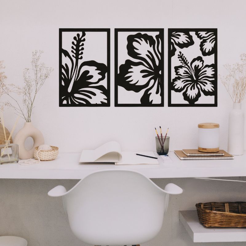 3-Piece Floral Wall Art Set – Modern Black Metal Flower Design Frames