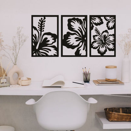 3-Piece Floral Wall Art Set – Modern Black Metal Flower Design Frames