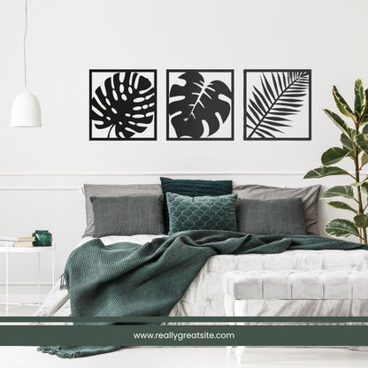 Set of 3 Minimalist Black Leaf Wall Art – Modern Metal Wall Decor for Living Room