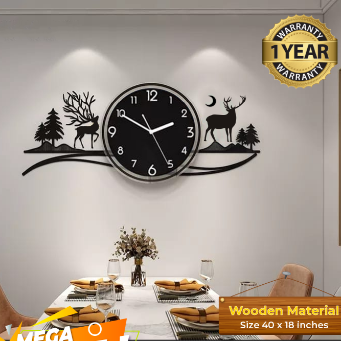 Deers in Forest and Mountain Scenic Wall Clock – Nature-Inspired Wooden Design