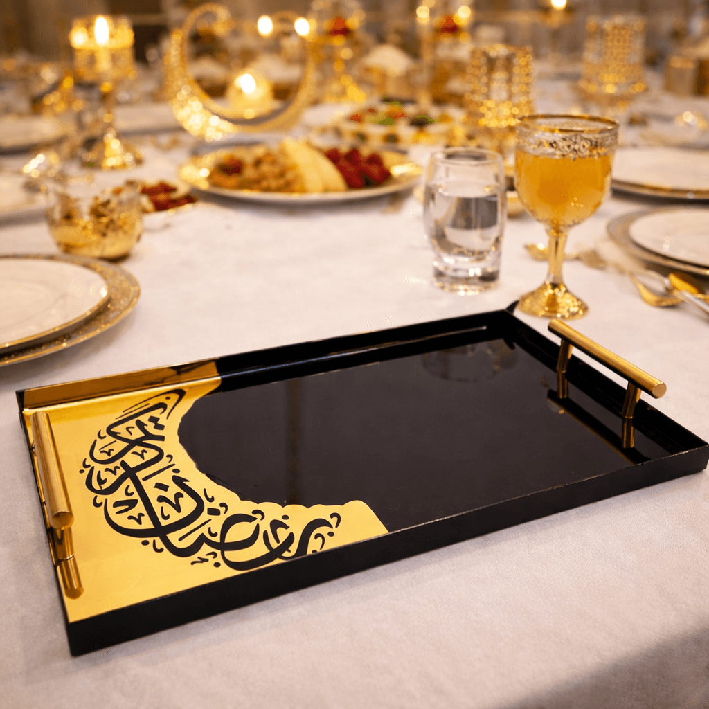 Crescent Metal Handle Luxury Tray | Black & Gold Premium Serving Ware