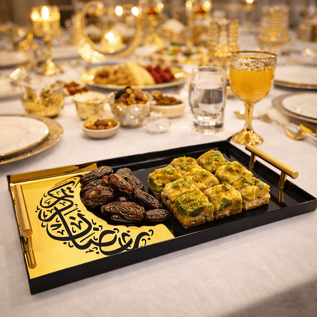 Crescent Metal Handle Luxury Tray | Black & Gold Premium Serving Ware