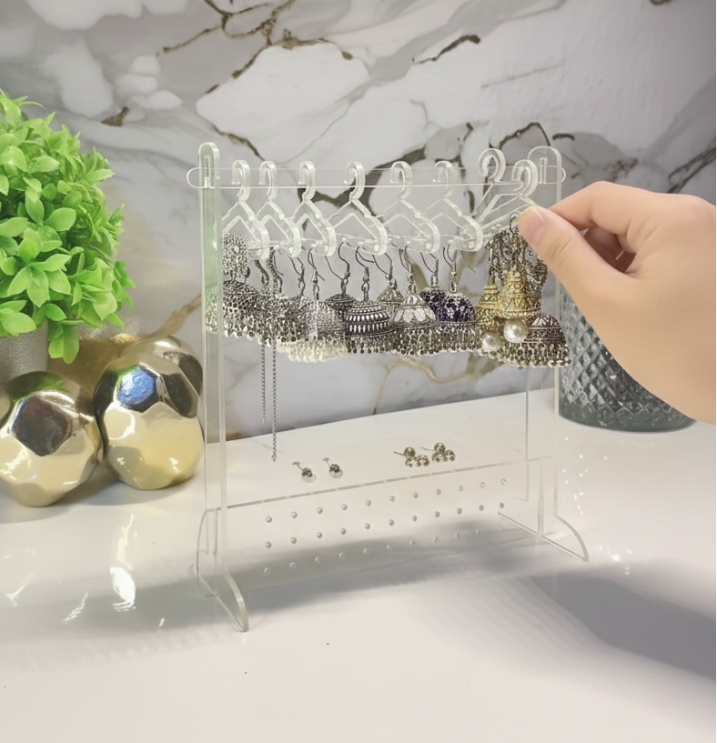 Acrylic Desktop Jewelry Display Holder with Mini Hangers for Earrings