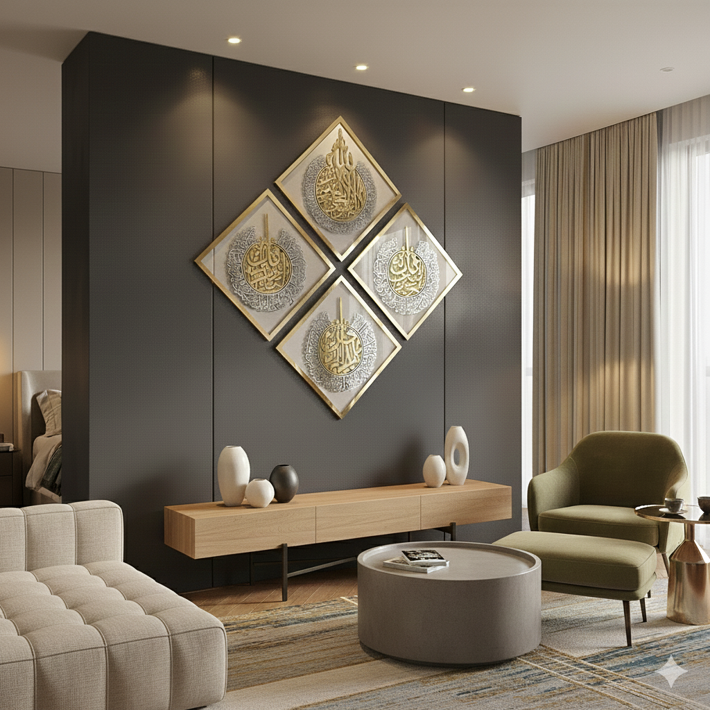 Premium Diamond Shaped Islamic Wall Art – Ayatul Kursi & 3 Quls (4-Panel Set)