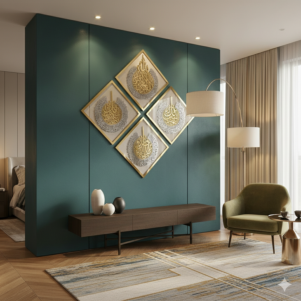 Premium Diamond Shaped Islamic Wall Art – Ayatul Kursi & 3 Quls (4-Panel Set)