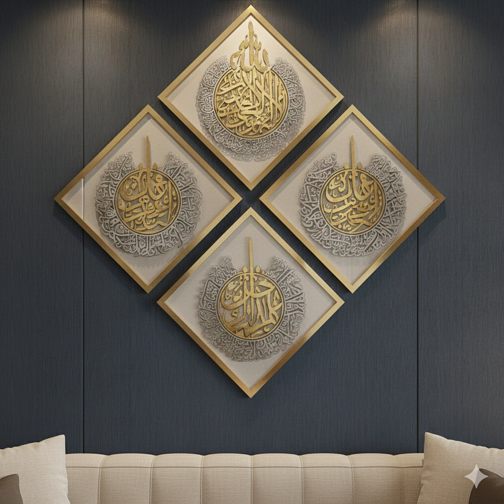 Premium Diamond Shaped Islamic Wall Art – Ayatul Kursi & 3 Quls (4-Panel Set)