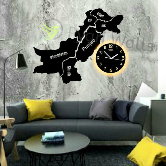 Pakistan Map Wall Clock with Rope Light (Large) | 3mm Lasani Wood | Illuminated Wall Decor