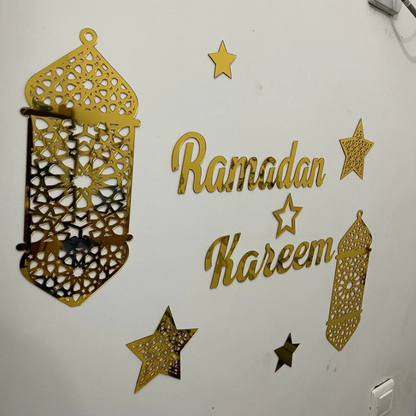 Islamic Ramadan Kareem Wall Décor – Golden Acrylic & Black Wooden Finish