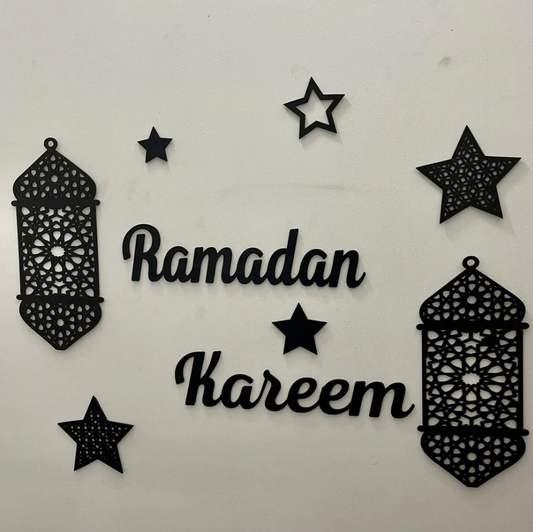 Islamic Ramadan Kareem Wall Décor – Golden Acrylic & Black Wooden Finish