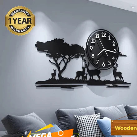 Big Wooden Grazing Deers in Meadows Wall Clock – Nature-Inspired Artistic Design
