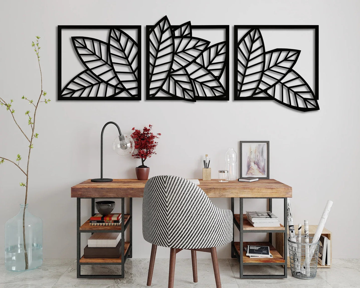Wooden Set of 3 Palm & Banana Leaf Wall Decor for Home & Office